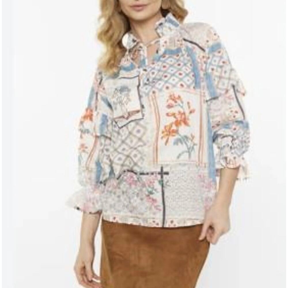 Womens Boho Patchwork Peasant Blouse Size M Floral Cottagecore Ruffle Sleeve Top